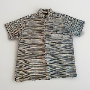 Marc Edwards 100% Silk Shirt Men's L Blue Yellow Stripe Short Sleeve Casual